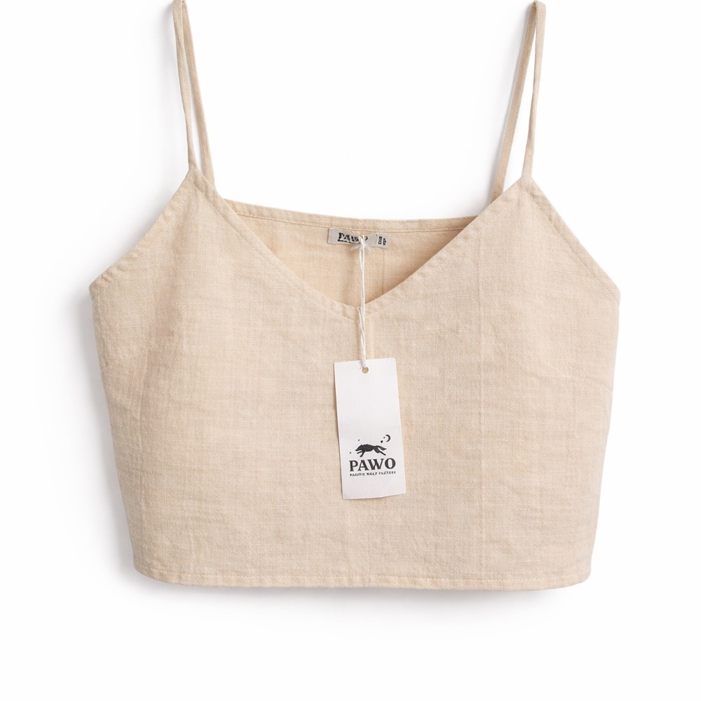 PAWO Cotton Cropped Spaghetti Strap Tank Beige Woven Pullover One Size
